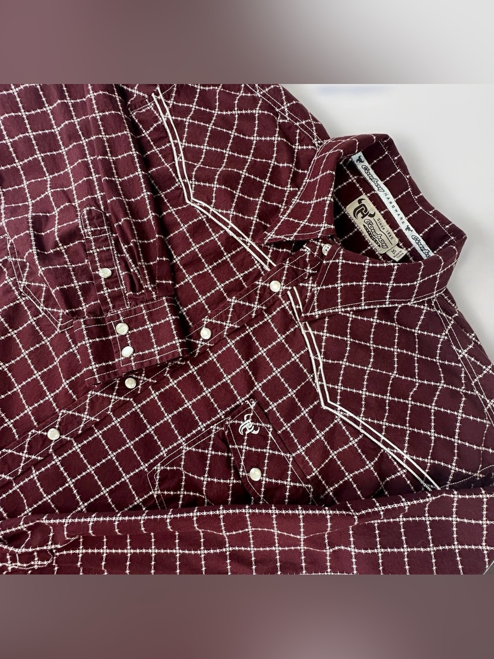 Cowboy Hardware Mens XL Burgundy Barbed Wire Pearl Snap Western Shirt Rodeo